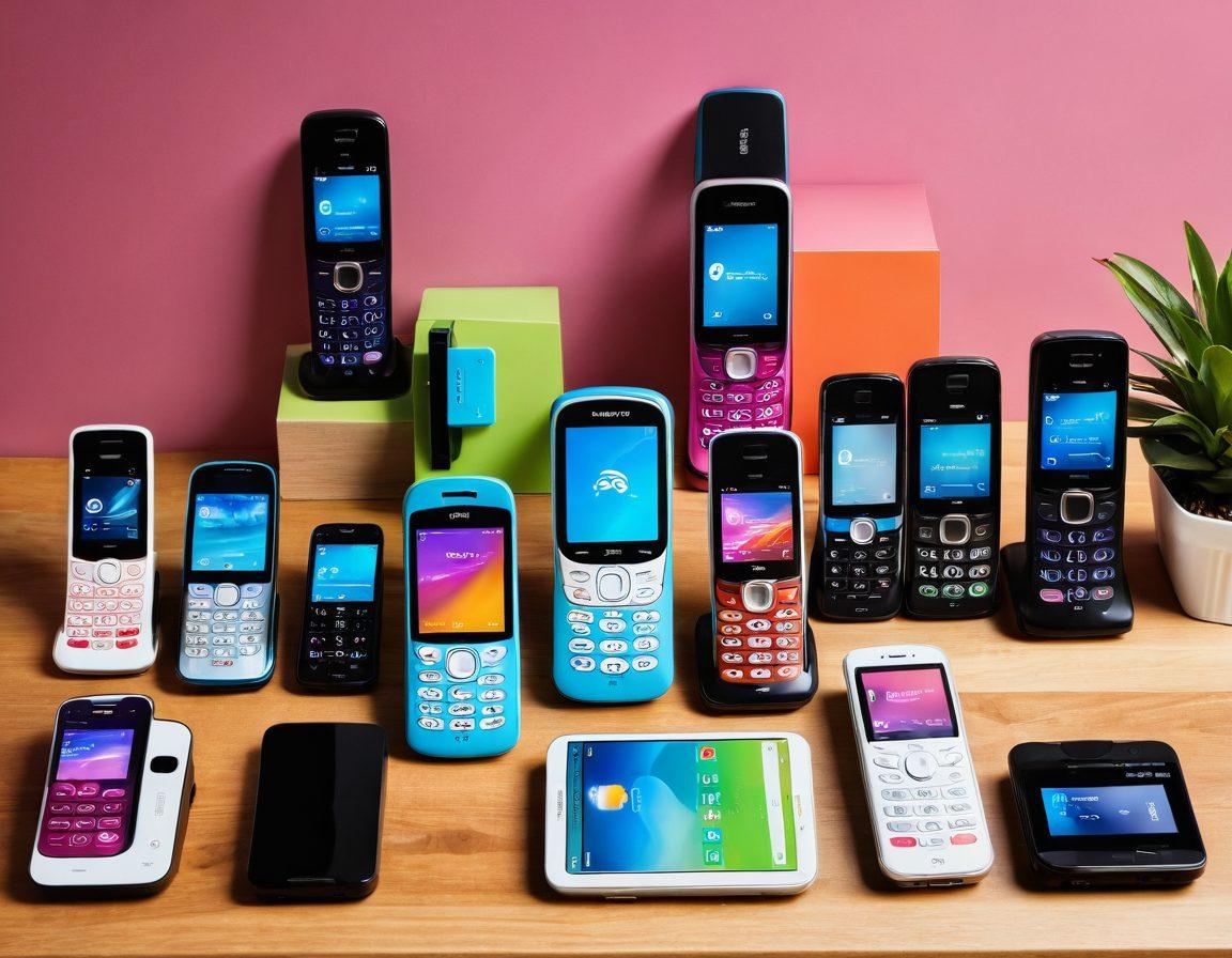 A vibrant and engaging visual showcasing a range of colorful TracFone prepaid mobile phones and accessories, arranged on a sleek modern tabletop. Include a visually appealing chart near the phones highlighting benefits of different prepaid plans, subtly highlighted with icons for savings and flexibility. Use a tech-oriented background, with a hint of wireless signal waves emanating from the devices. super-realistic. vibrant colors. modern style.