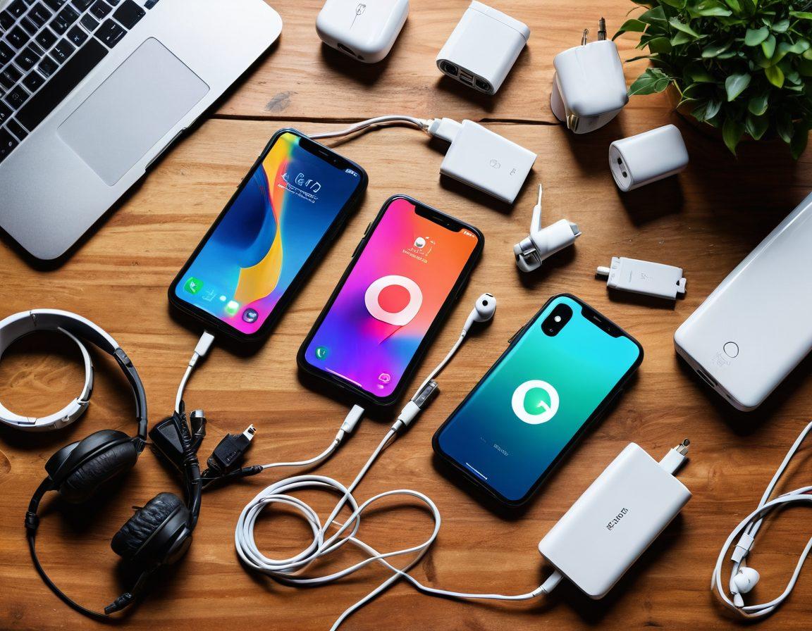 A dynamic flat lay of various TracFone mobile accessories such as phone cases, chargers, and headphones, artfully arranged on a sleek wooden surface. Include vibrant colors in the accessories and a soft-focus background of a modern workspace with a smartphone displaying the TracFone logo. Emphasize a tech-savvy vibe to attract readers. super-realistic. vibrant colors. soft-focus background.